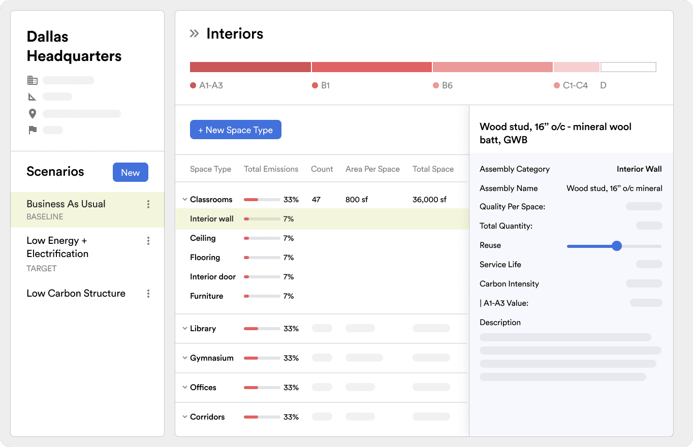 C.Scale app showing interior wall assemblies and their embodied carbon for the Dallas Headquarters project