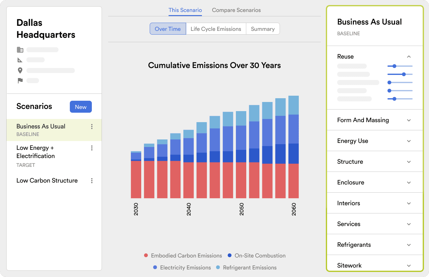C.Scale app showing cumulative emissions over 30 years for the Dallas Headquarters project