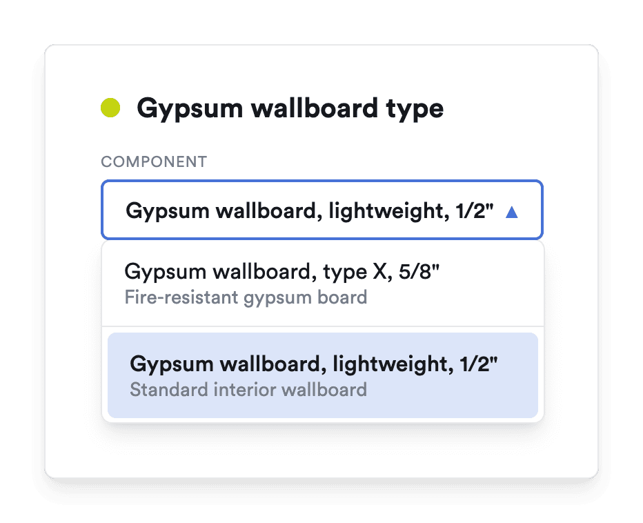 Dropdown menu titled Gypsum wallboard type with two options: Gypsum wallboard, type X, 5/8 inch described as fire-resistant gypsum board, and Gypsum wallboard, lightweight, 1/2 inch described as standard interior wallboard, with the lightweight 1/2 inch option selected.